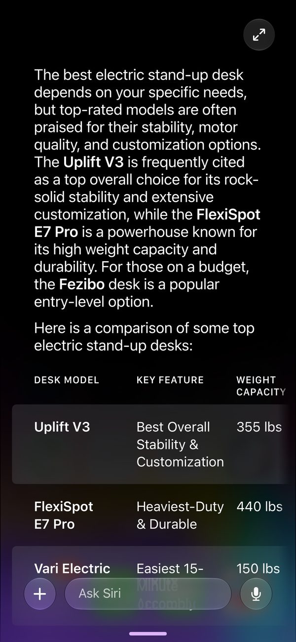 Siri built this comparison table on the fly from page content, which rewards clean, structured, liftable facts.