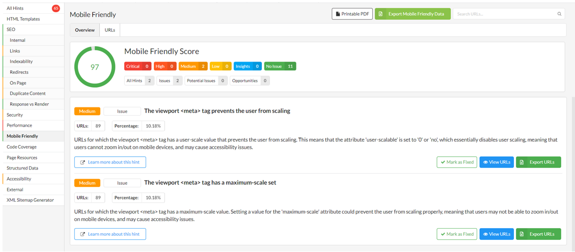 The image shows the Mobile Friendly Score of a website in Sitebulb, with a score of 97. It highlights issues related to the viewport <meta> tag, such as preventing user scaling and setting a maximum-scale value, which may cause accessibility issues on mobile devices.