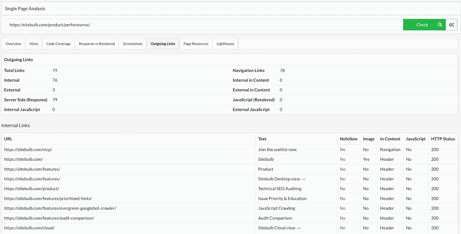 Sitebulb Single Page Analysis results overview