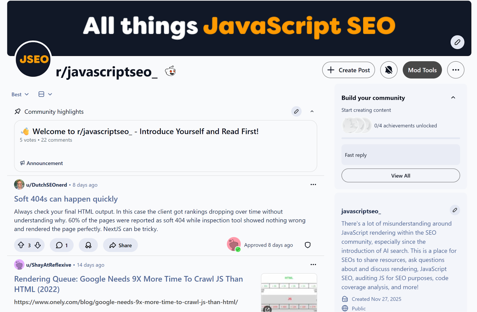 Screenshot of the r/javascriptseo_ subreddit