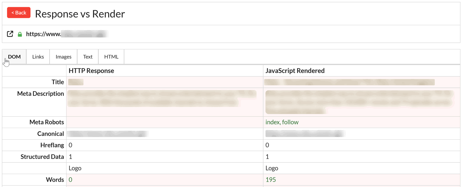 DOM Differences in Sitebulb's Response vs Render Report