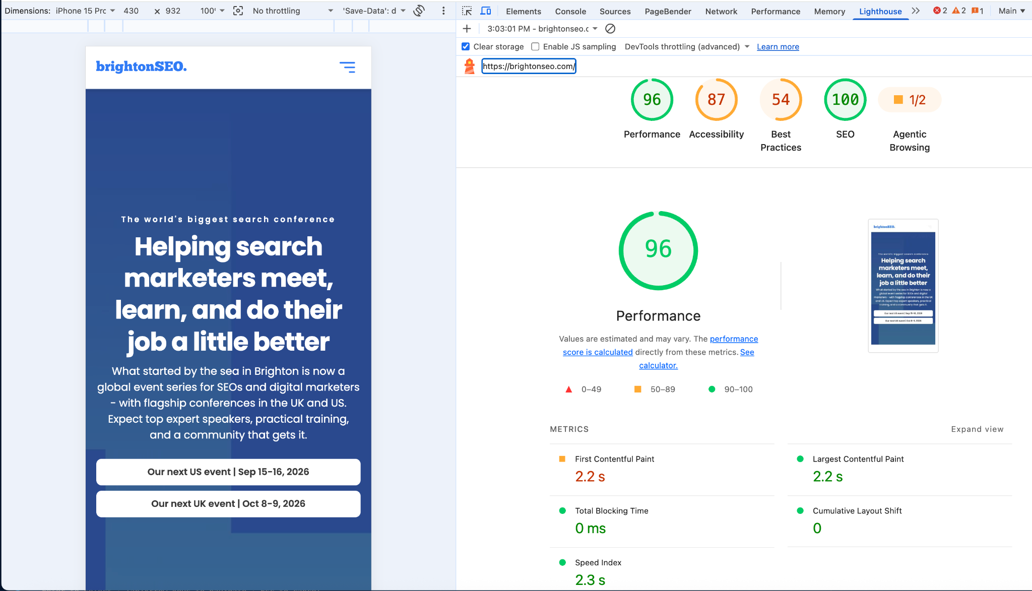 BrightonSEO screenshot that gets lighthouse test score of 96