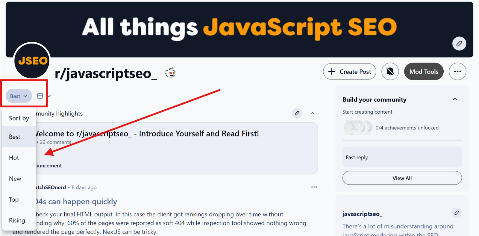 Reddit post ranking filters showing New, Rising, Hot and Best options