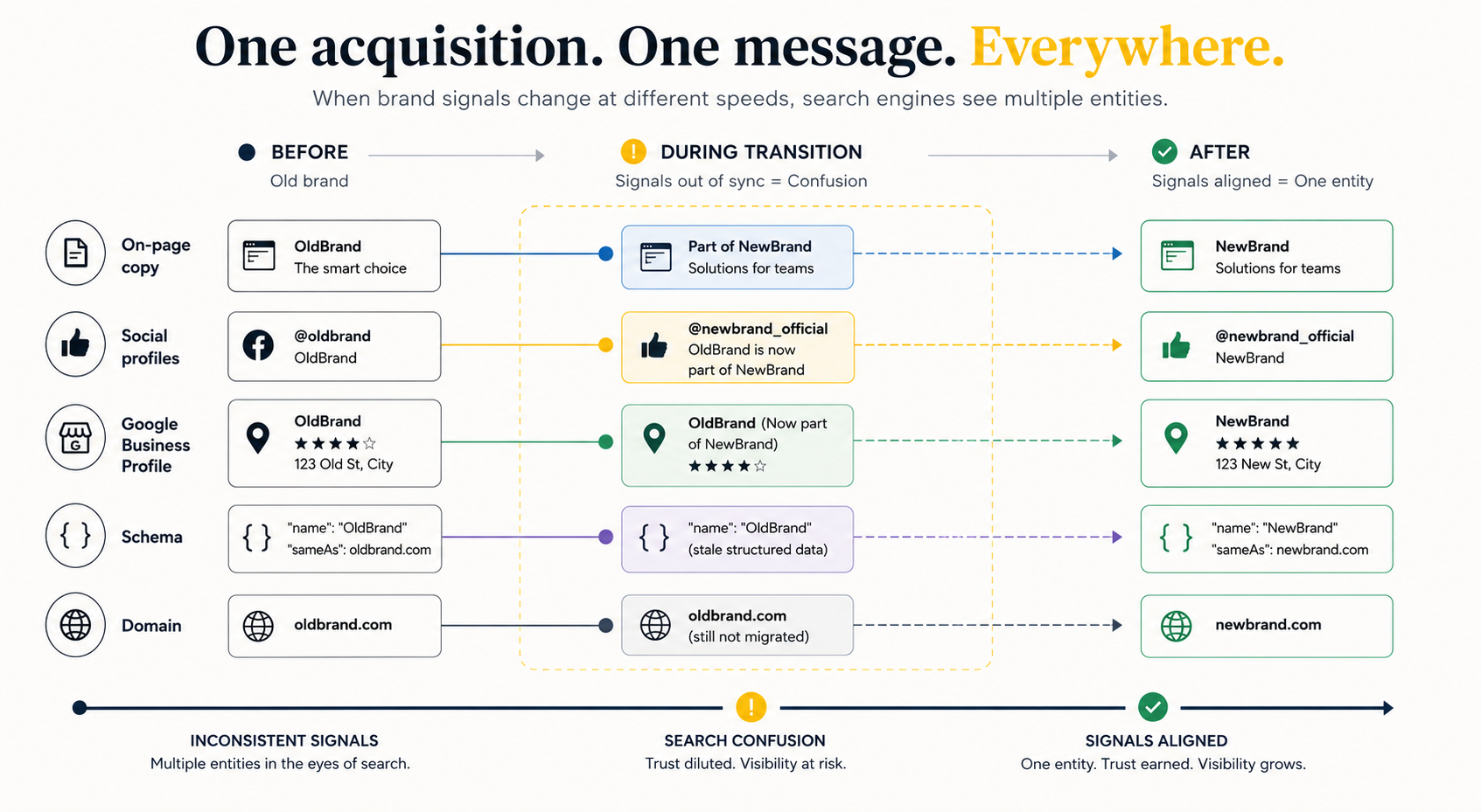 Diagram showing brand signals changing at different speeds during an acquisition before on-page copy, social profiles, Google Business Profile, schema and domain align around one entity.