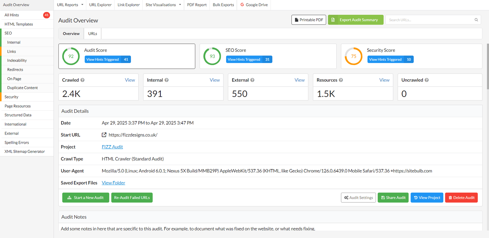 Dashboard showing Sitebulb’s crawl report with summary boxes for Internal URL Health and External URL Health, each listing counts of healthy, redirected, and broken URLs.