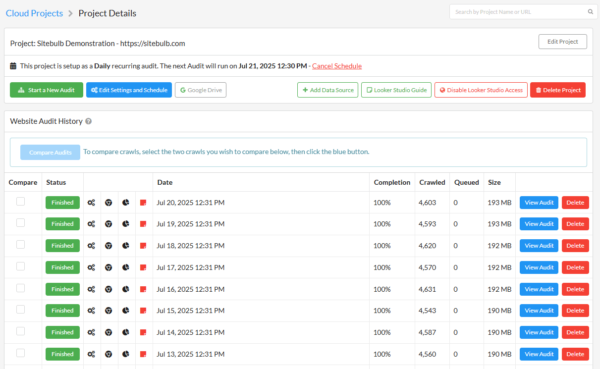 Sitebulb Screenshot of crawl history
