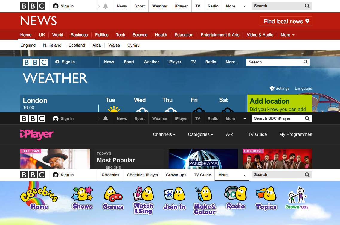 An image of BBC landing pages showcasing consistent branding.