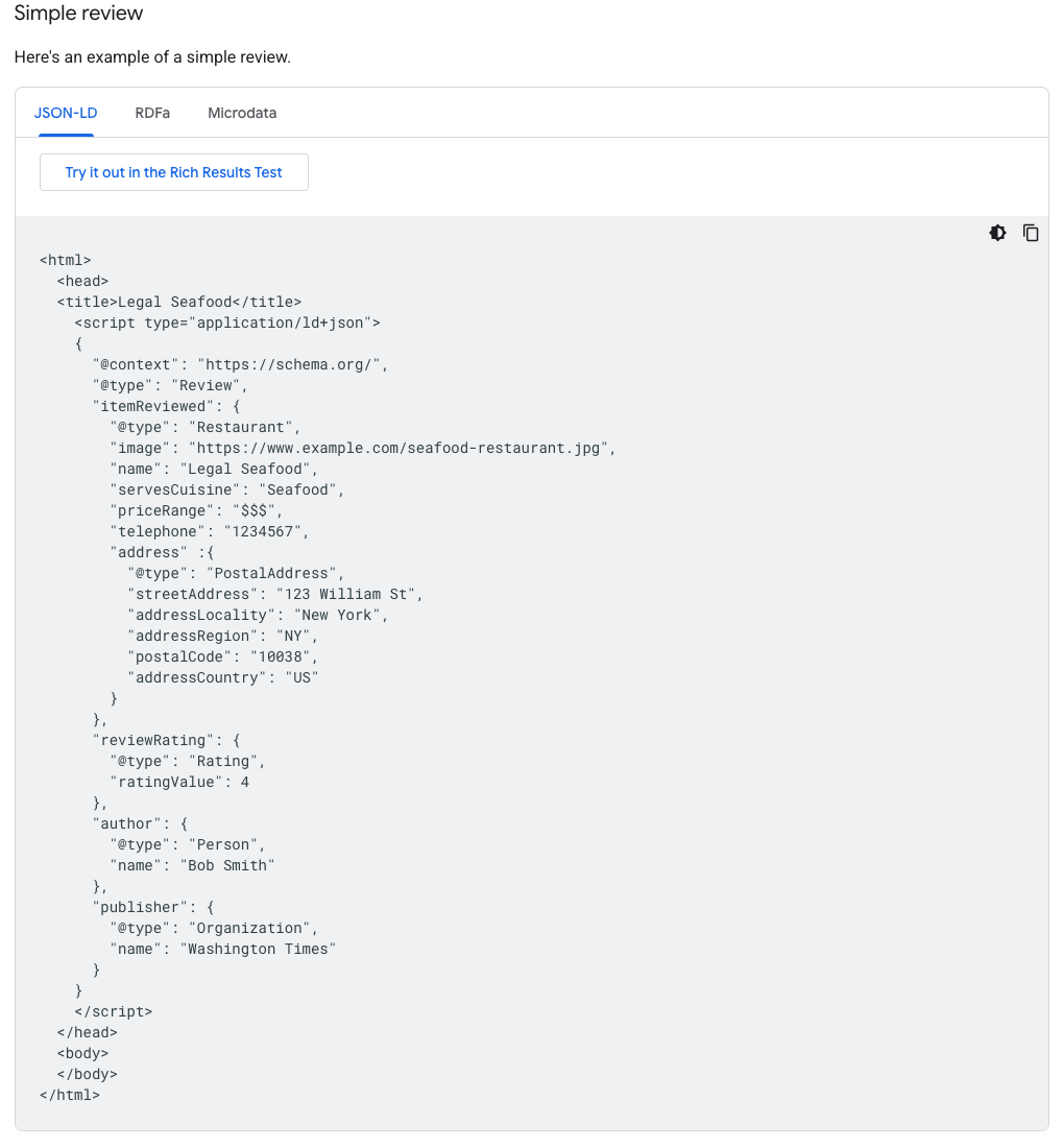 Example of structured data to implement for reviews and star ratings