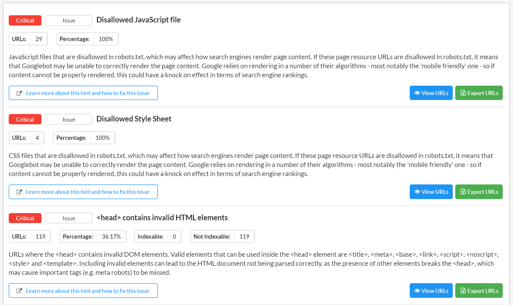 Sitebulb All Hints report showing hints organised by category and severity