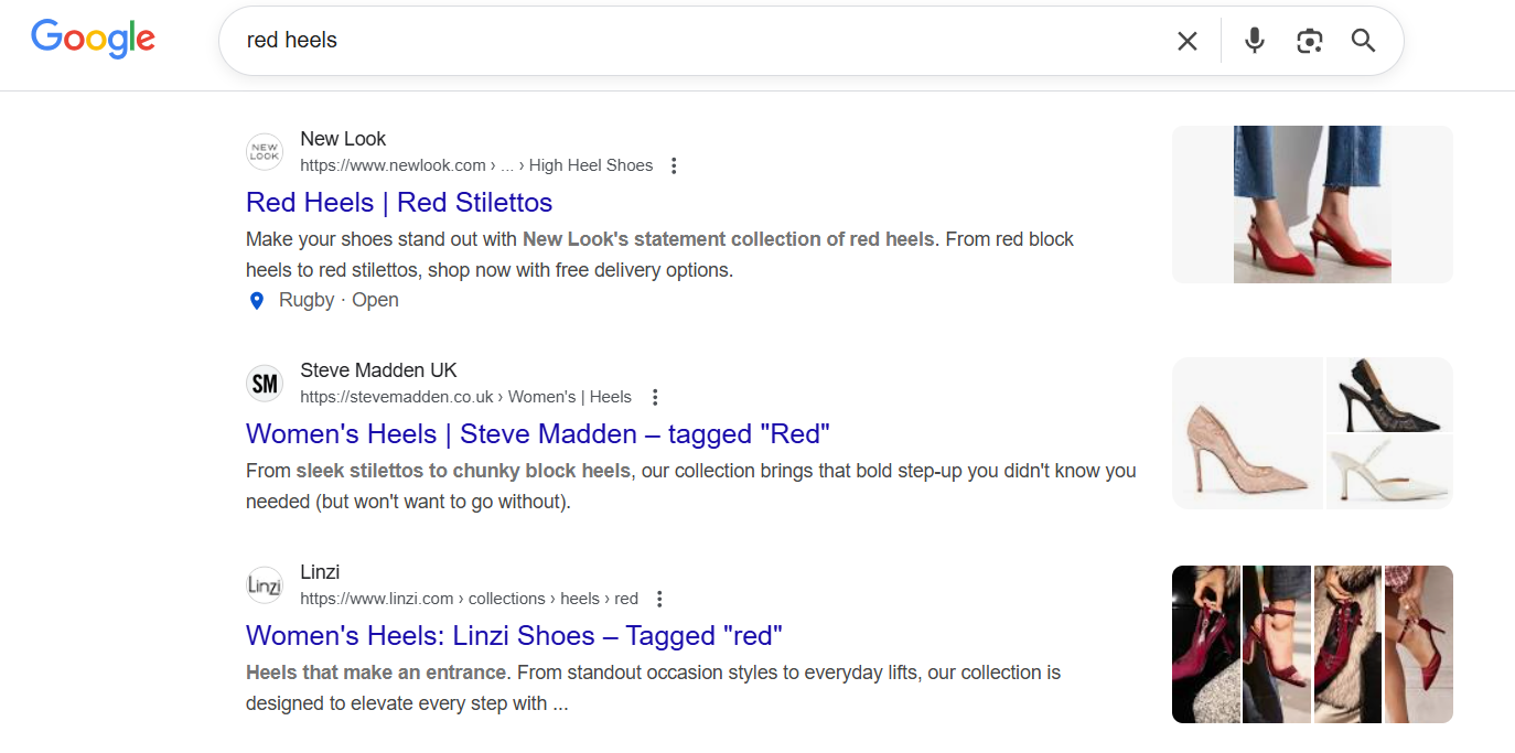 Screenshot of a Google search engine results page for red heels containing 3 blue links