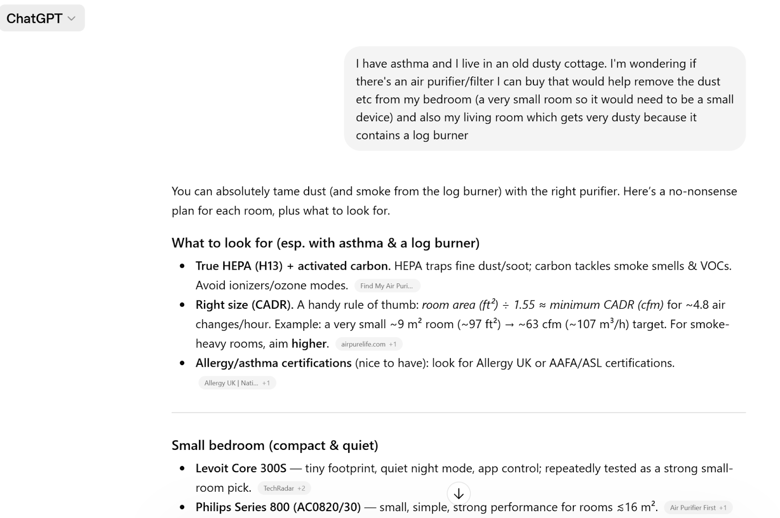 ChatGPT search for an air purifier to help with dust and smoke reduction for an asthmatic, plus ChatGPT