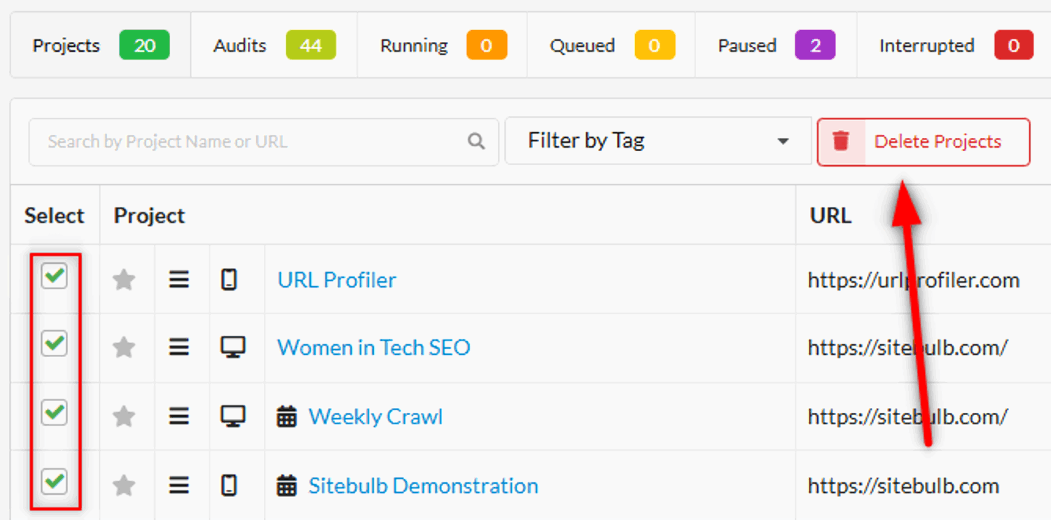 Delete Multiple Projects