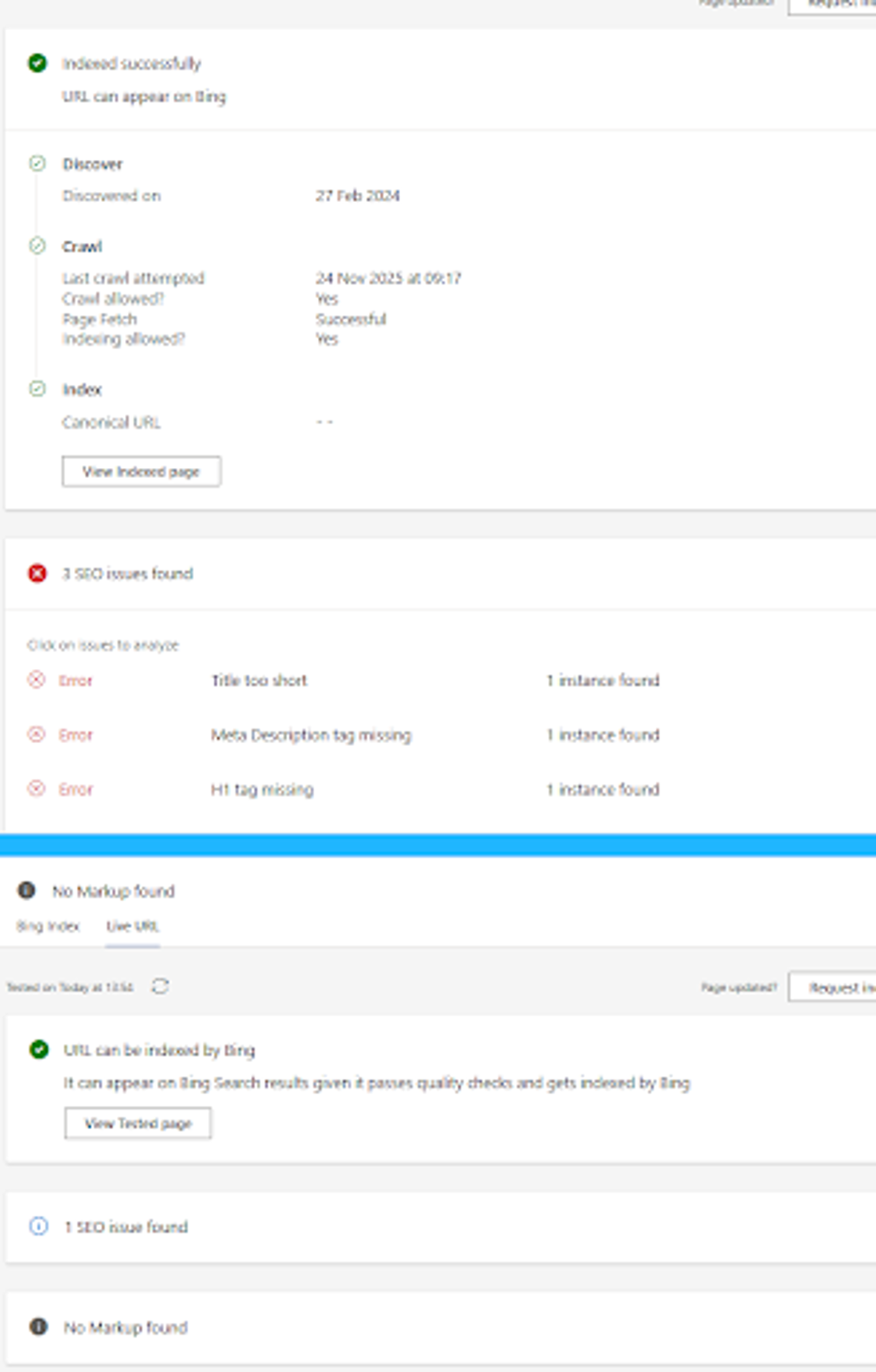 Bing Webmaster screenshot showing issues missed due to no rendering