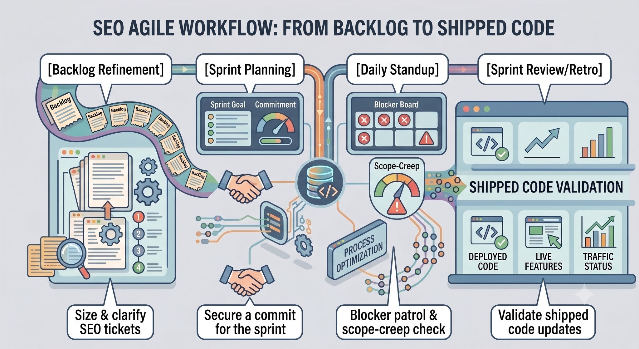 Four Scrum ceremonies mapped to SEO tasks: backlog refinement, sprint planning, standup, retro