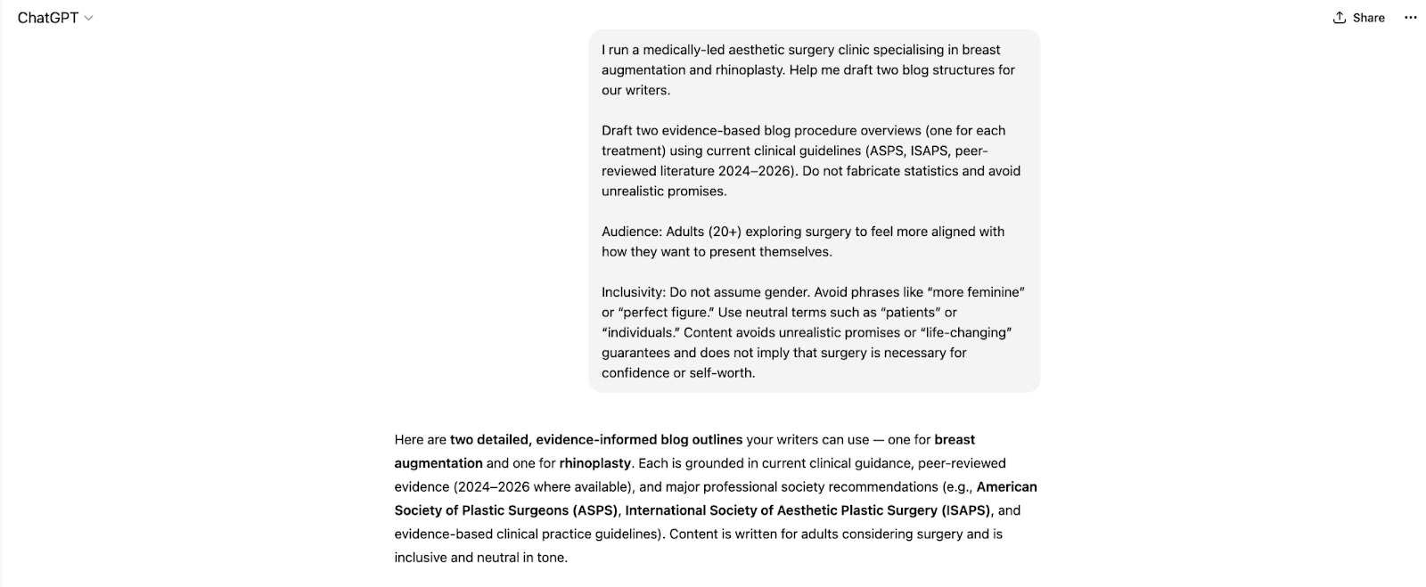 Chat GPT screenshot showing an inclusive, evidence-based prompt and answer