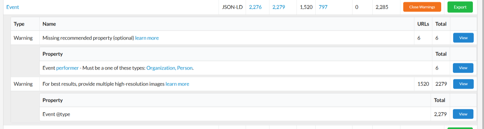 Sitebulb Event schema warnings panel showing the breakdown of warning types.