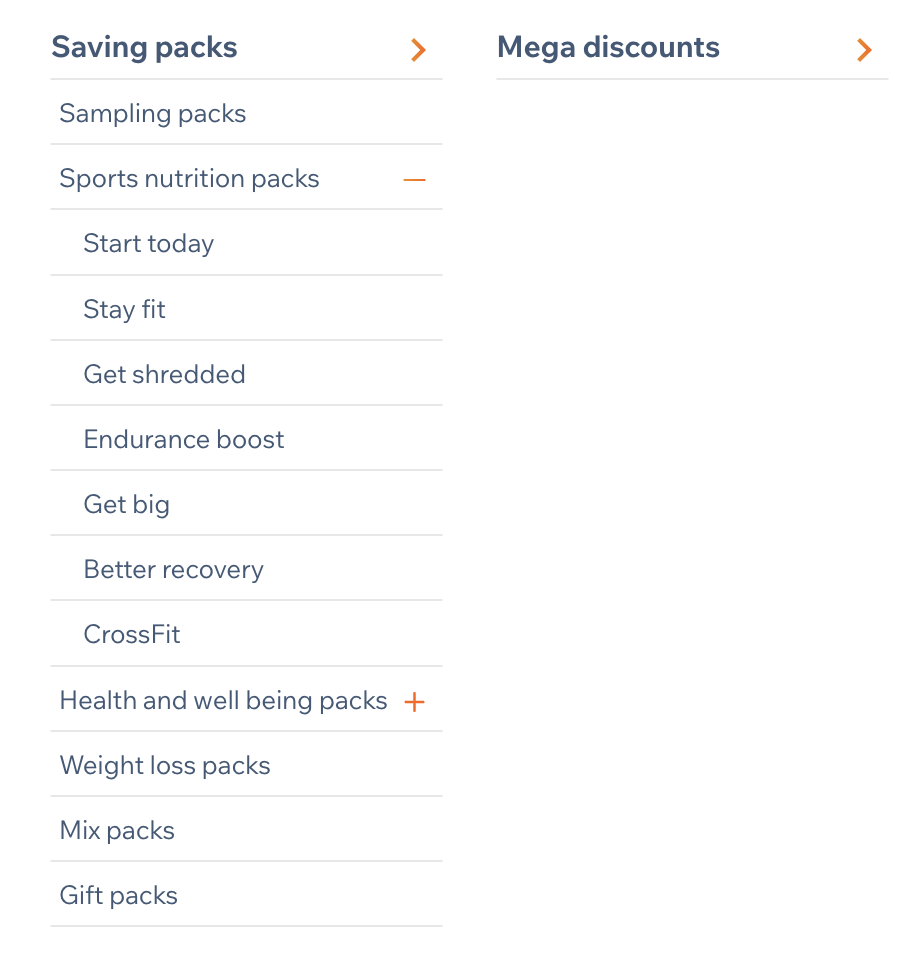 HSNStore mega menu showing Sports nutrition packs organized by buyer objective: Start today, Stay fit, Get shredded, Endurance boost, Get big, Better recovery, and CrossFit.