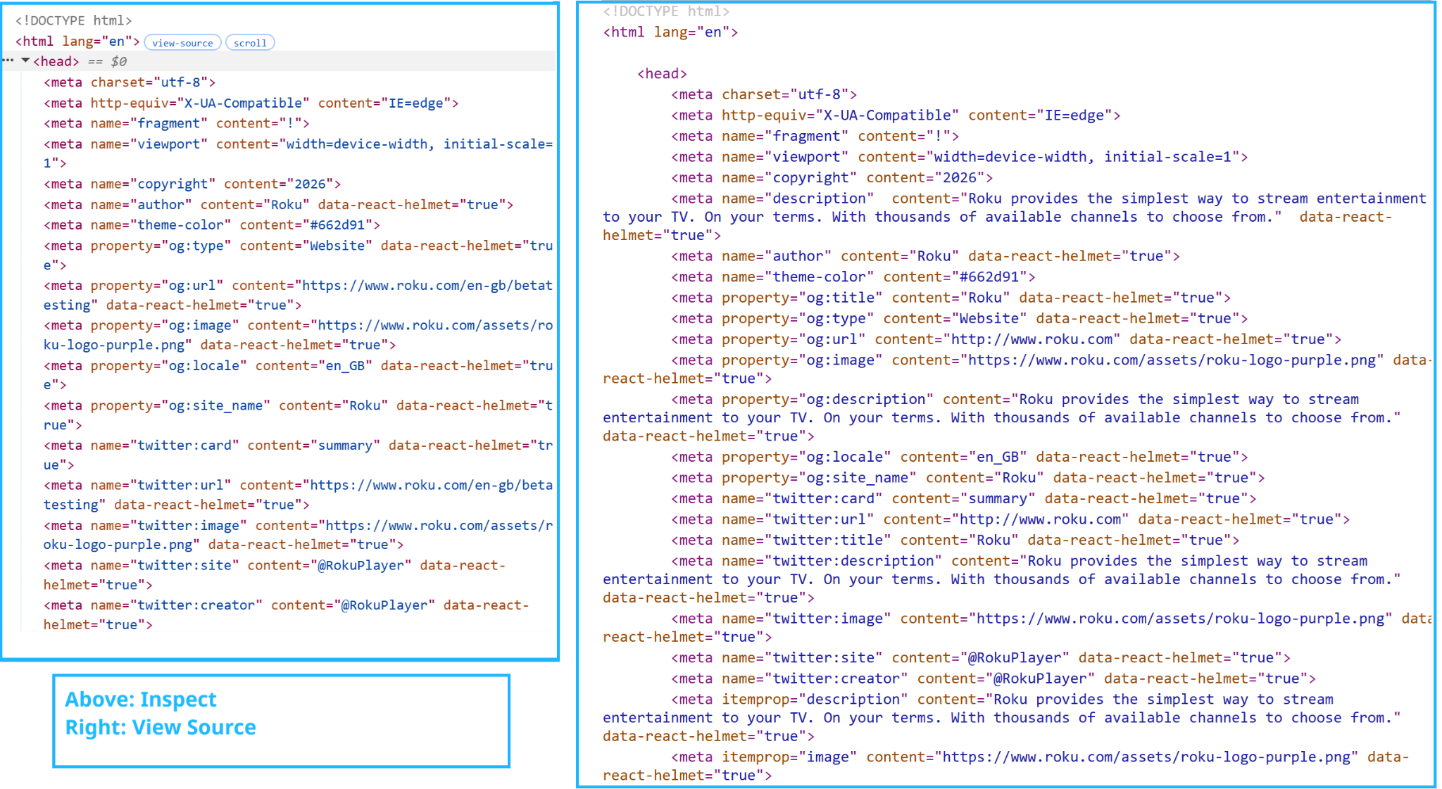 View source versus Inspect on the same URL, showing two different documents