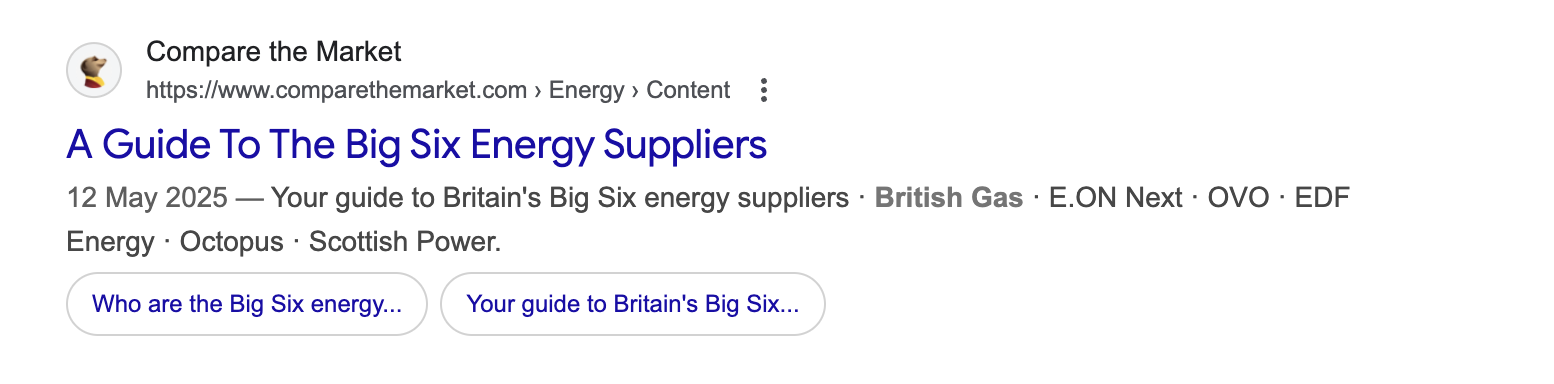 Search result for a price comparison website with meta content, breadcrumbs and sitelinks