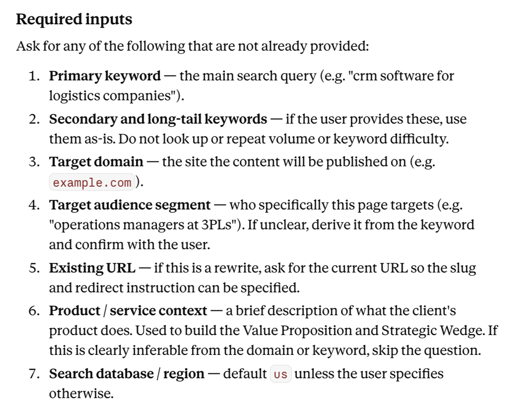 required inputs for commercial b2b content brief in Claude