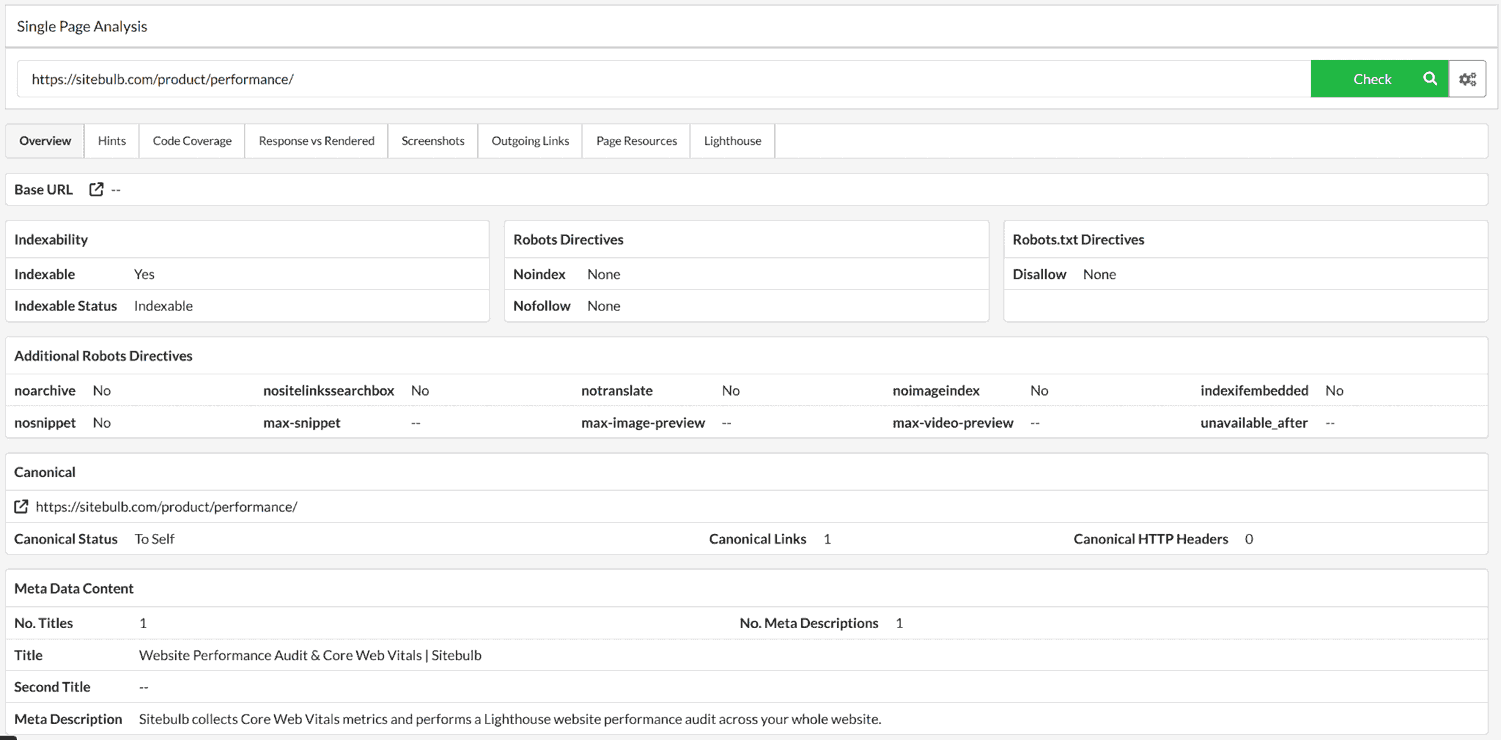 Sitebulb Single Page Analysis outgoing links report