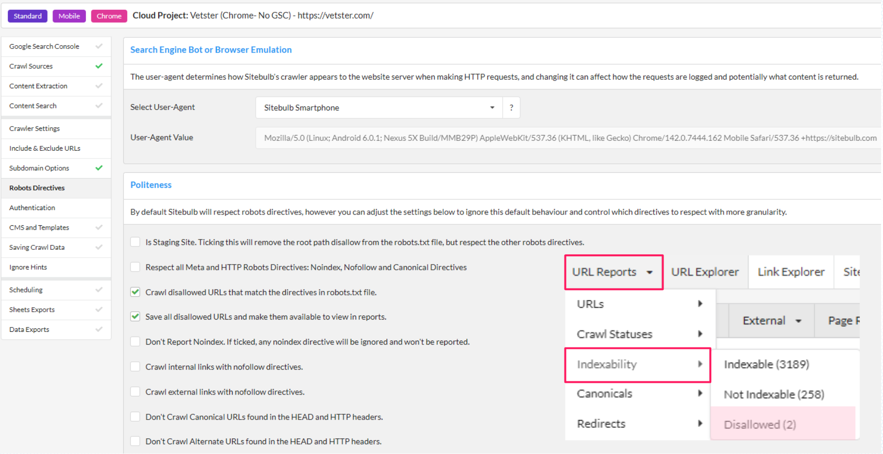 Sitebulb crawl settings showing options to crawl and save disallowed URLs