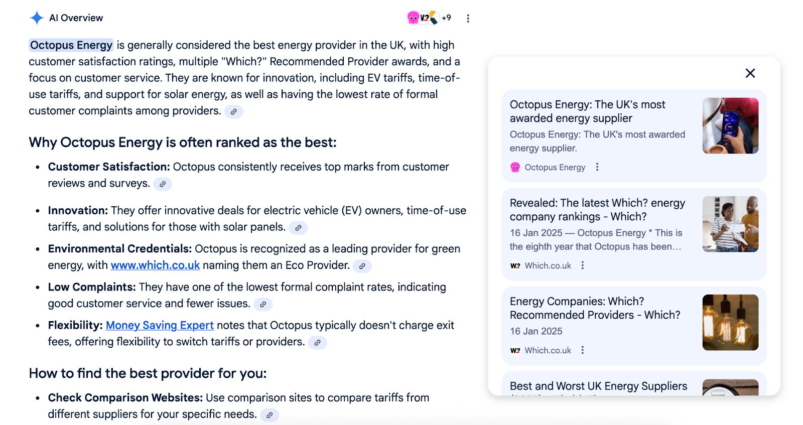 Screenshot of a live Google AI Overview query fan for "the best energy provider in the UK