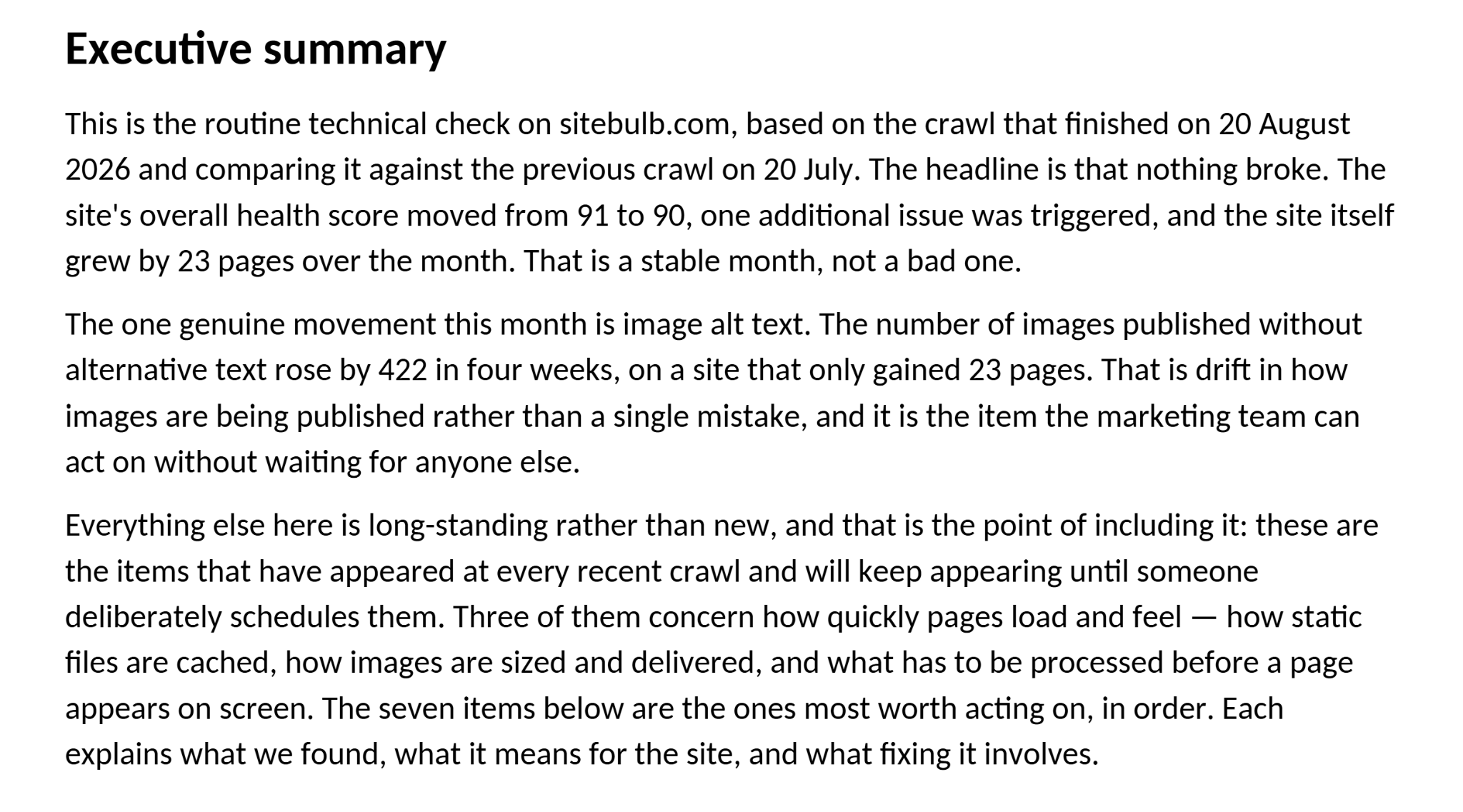 Executive summary from technical SEO audit produced by Claude Cowork using Sitebulb MCP and technical-seo-audit Skill