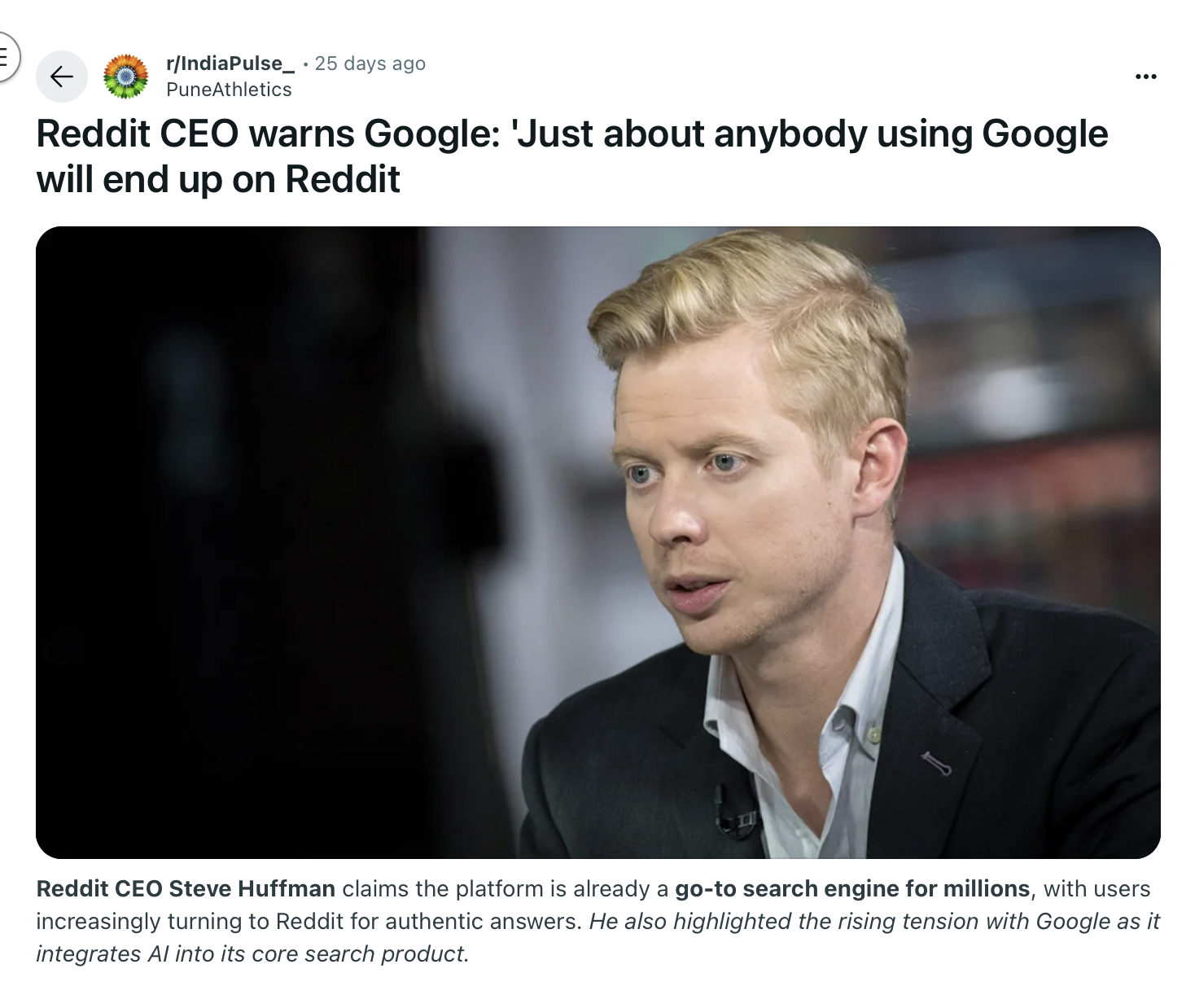 Reddit post about Reddit CEO warning Google that 