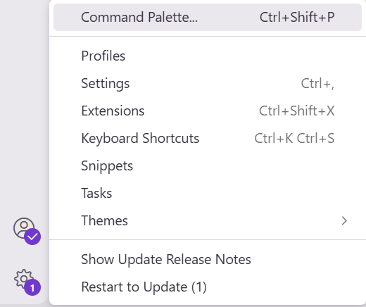 a screenshot of the sidebar in Kiro that is shown when the user clicks the lower lefthand gear icon