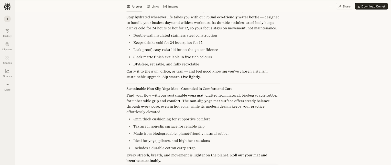 A detailed answer for product description outlines generated with Perplexity