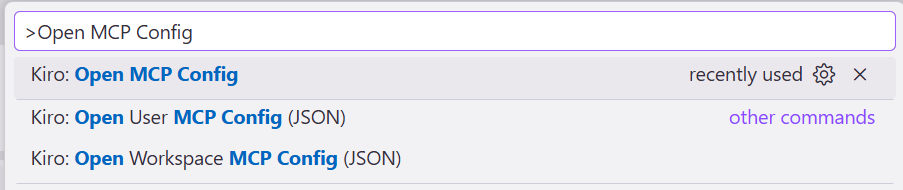 screenshot of how to navigate in Kiro to the mcp.json file using the search bar