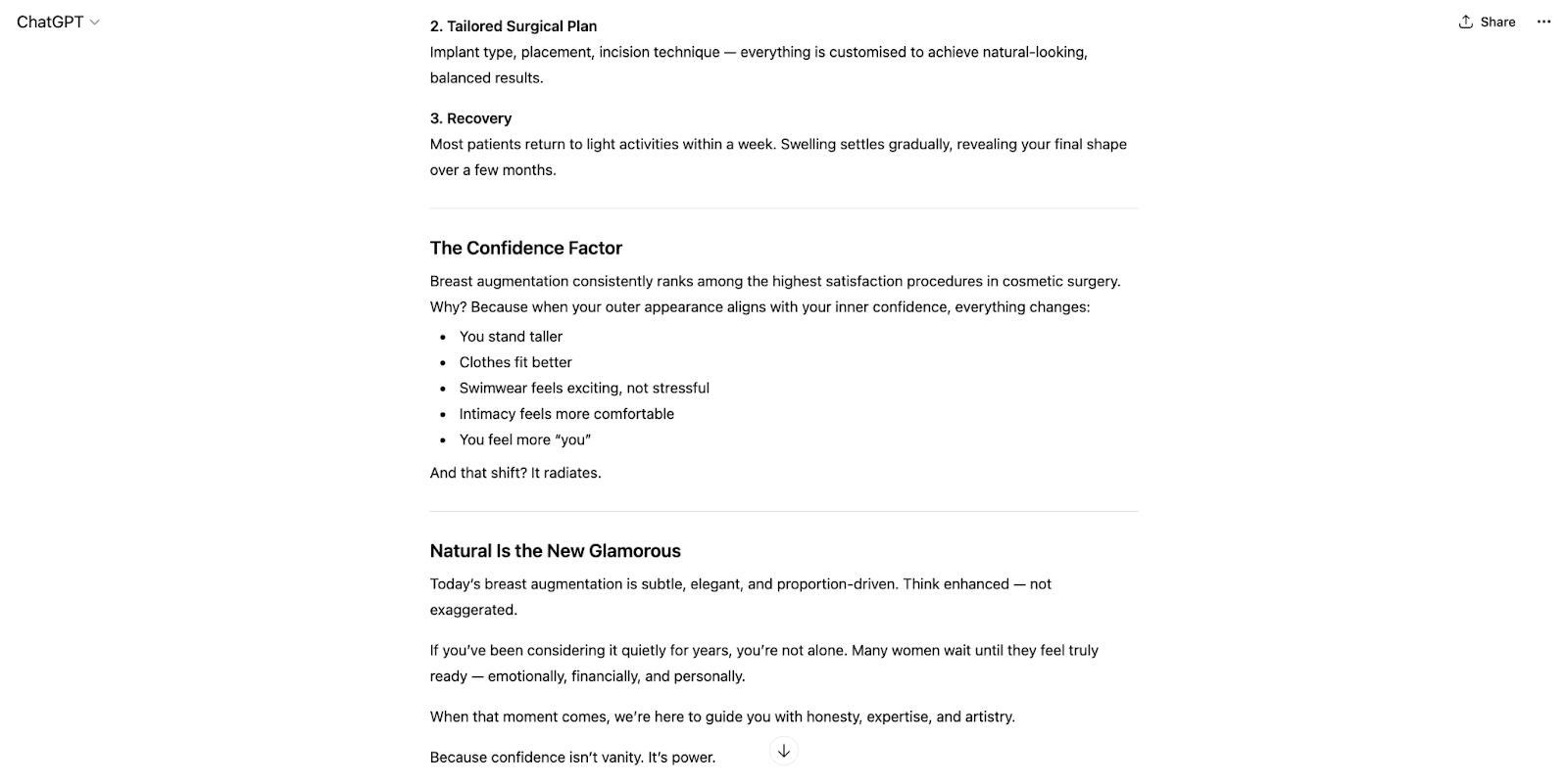 Chat GPT answer showcasing breast augmentation normative content