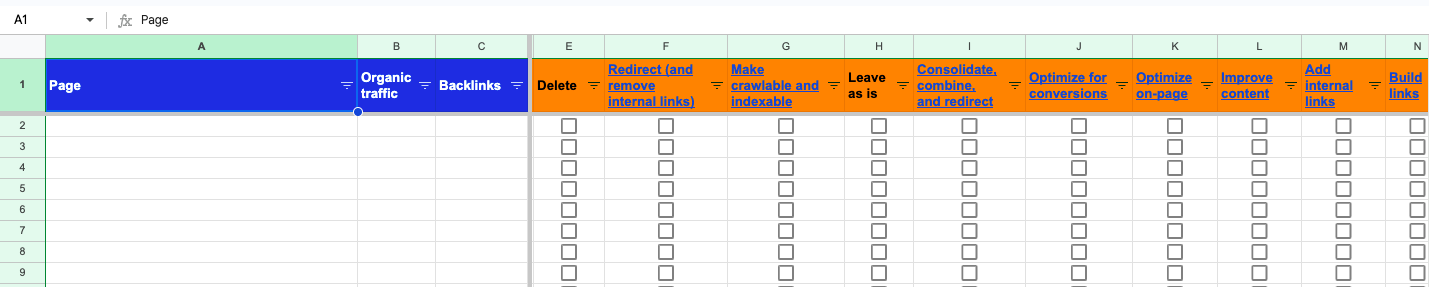 Google Sheet template for content audit action plan.