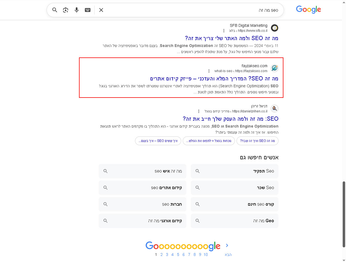 Google SERP in Hebrew showing the page in question ranking on page 1