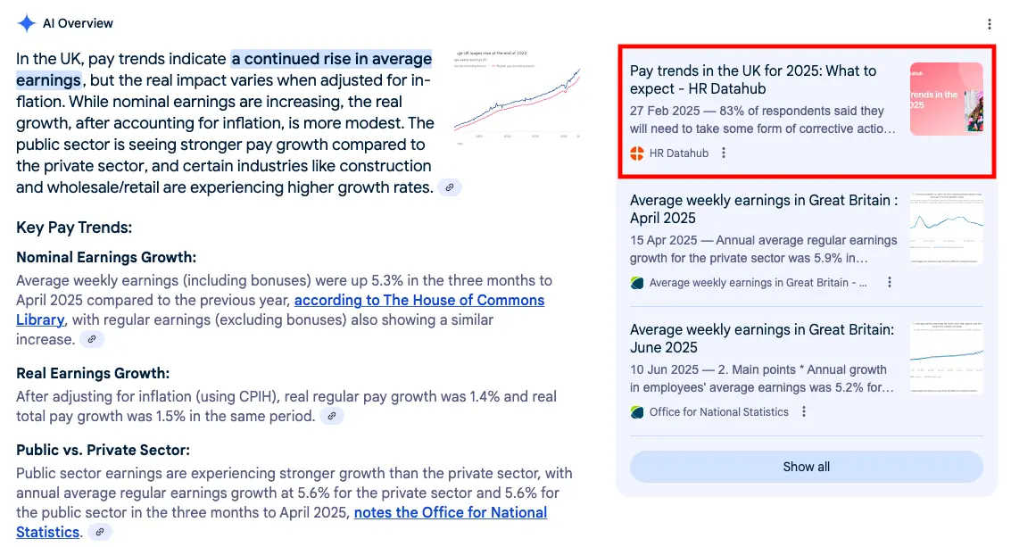 The search results for the keyword "pay trends uk", with our client HR Datahub mentioned in AI Overview.