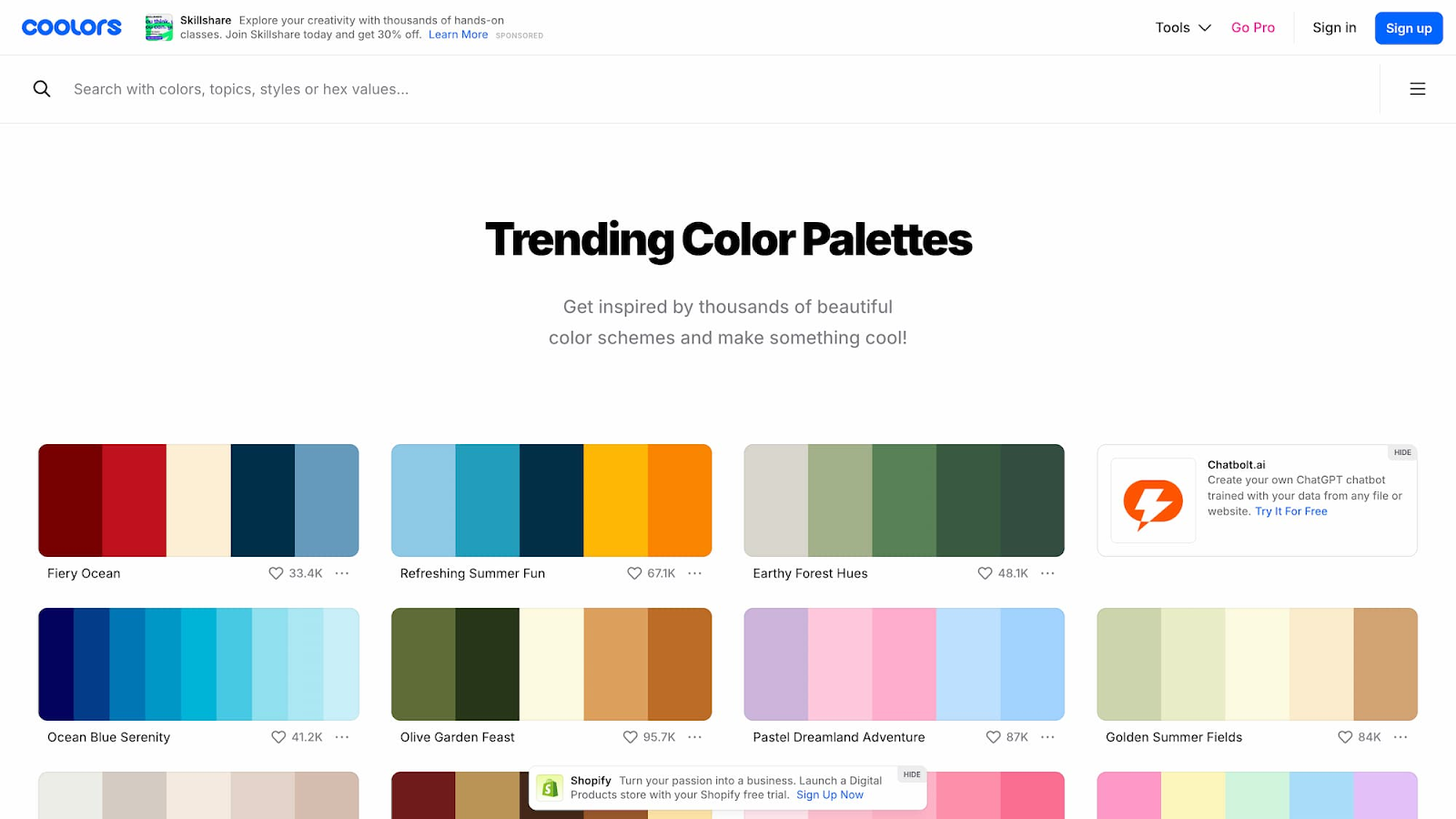 An image of trending colour palettes on Coolors.