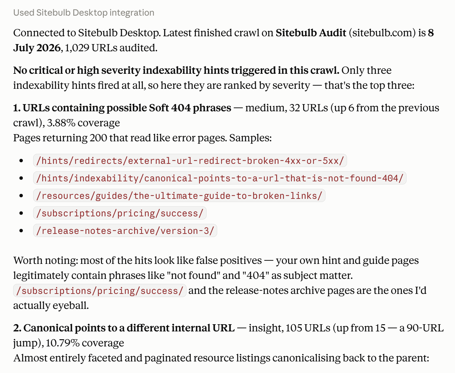 Claude Cowork response for the prompt: Connecting to Sitebulb Desktop MCP, find the critical and high severity indexability issues in the latest crawl and show me sample affected URLs for the top three.