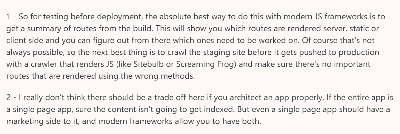 1 - So for testing before deployment, the absolute best way to do this with modern JS frameworks is to get a summary of routes from the build. This will show you which routes are rendered server, static or client side and you can figure out from there which ones need to be worked on. Of course that