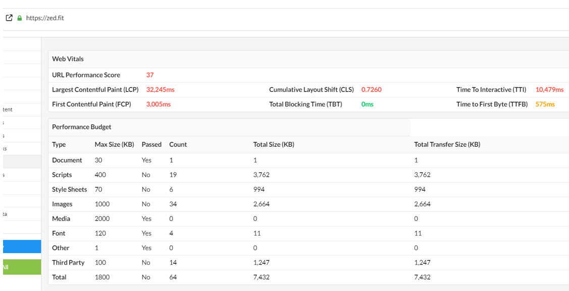 The image shows a detailed performance report for a URL in Sitebulb, with key metrics under Web Vitals and Performance Budget. The URL