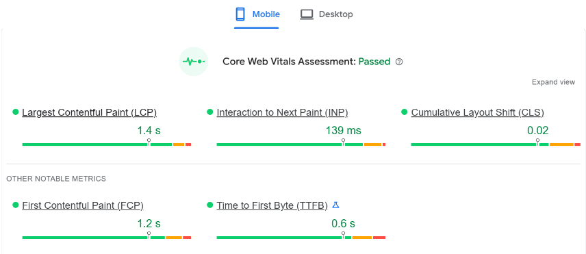 Page Speed performance of the Samsung homepage