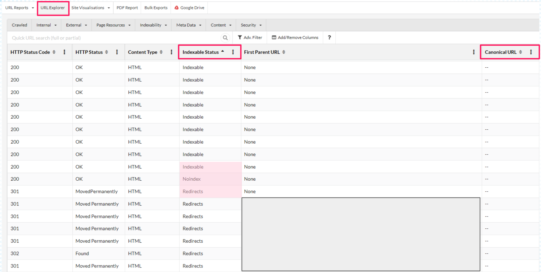 Sitebulb URL Explorer report showing indexability status including noindex tags