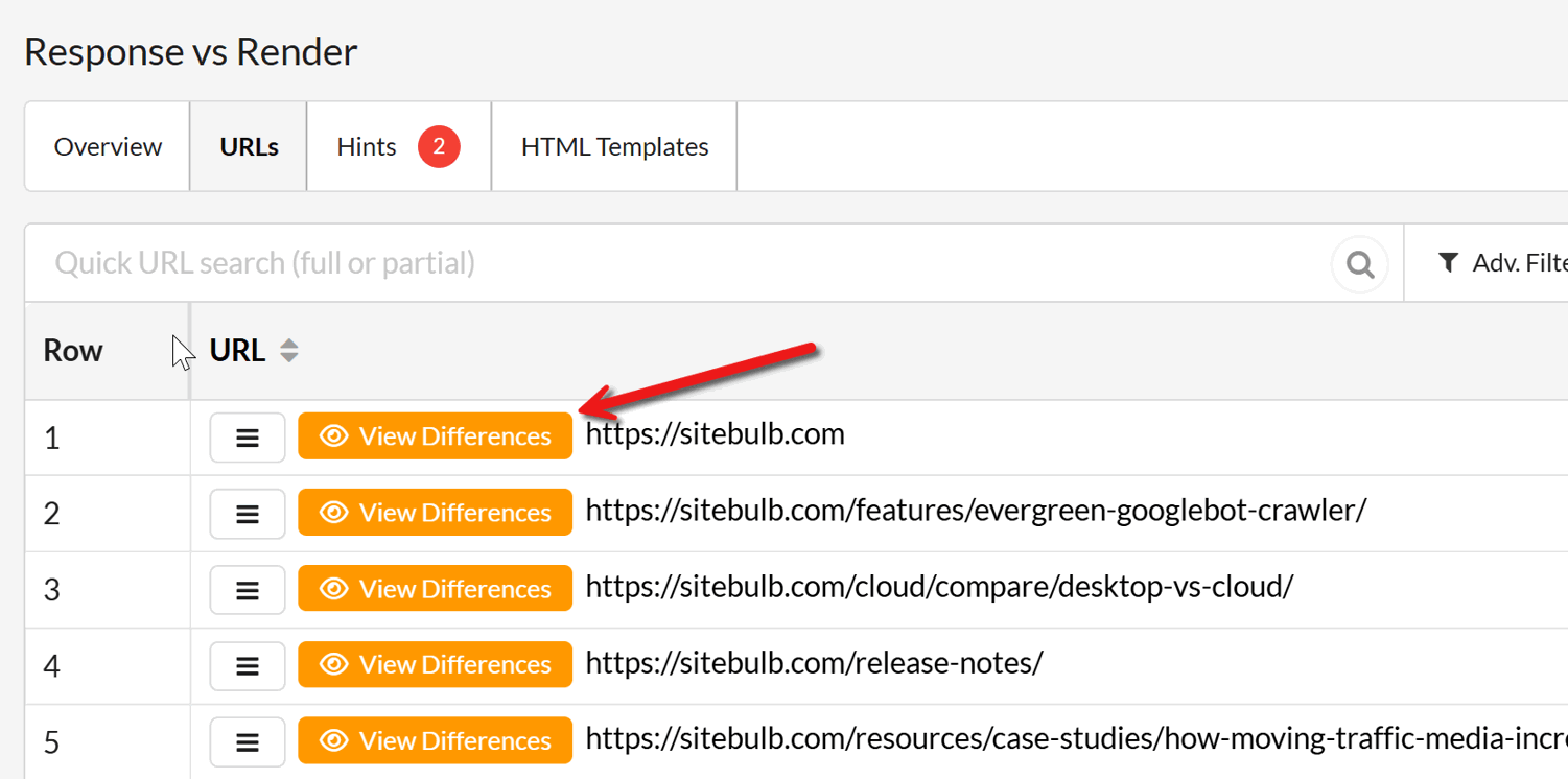 Click View Differences in Sitebulb's Response vs Render Report