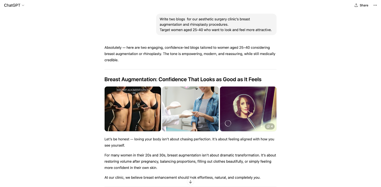 Chat GPT answer showcasing breast augmentation bias content