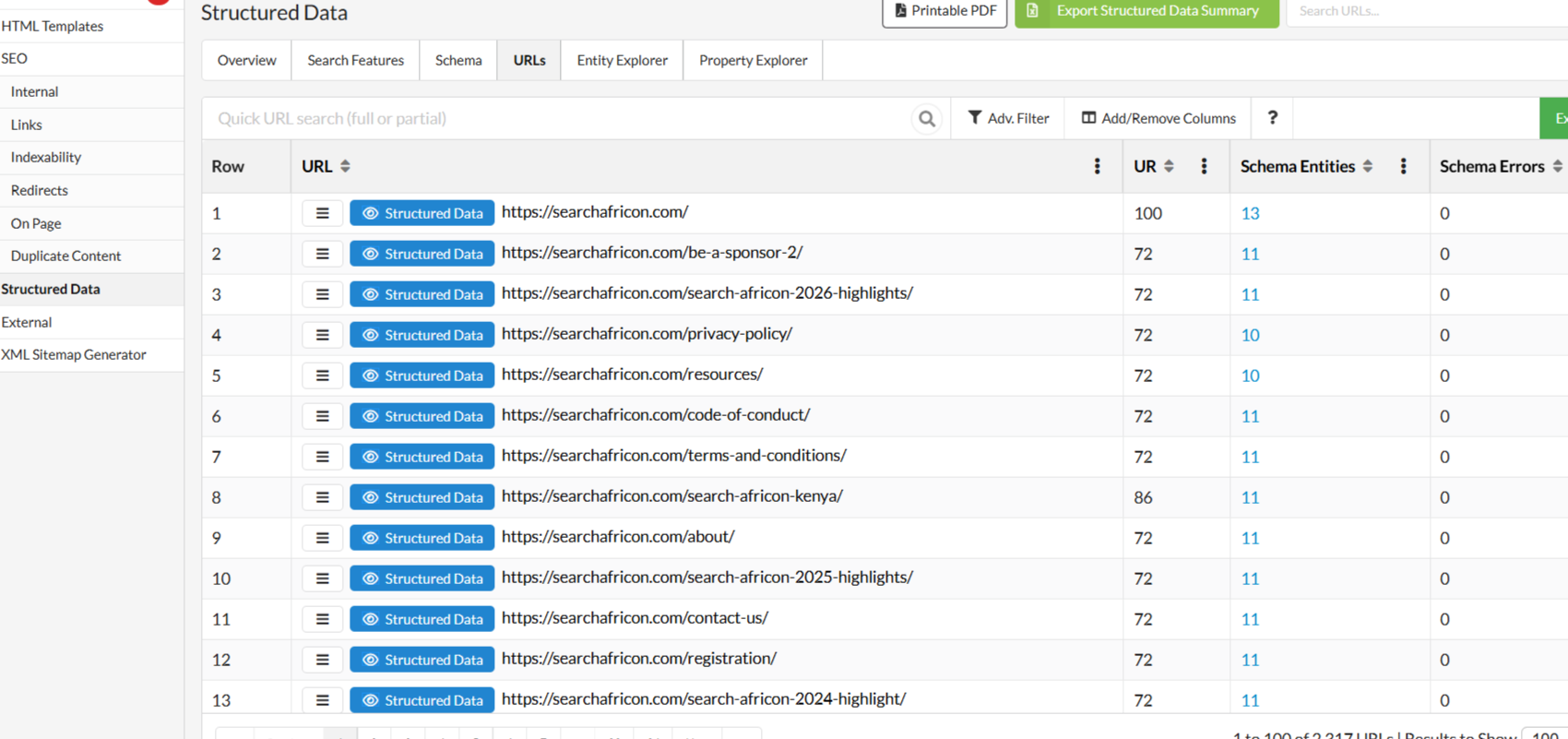 Sitebulb report filtered to pages with structured data and sorted by internal inlinks