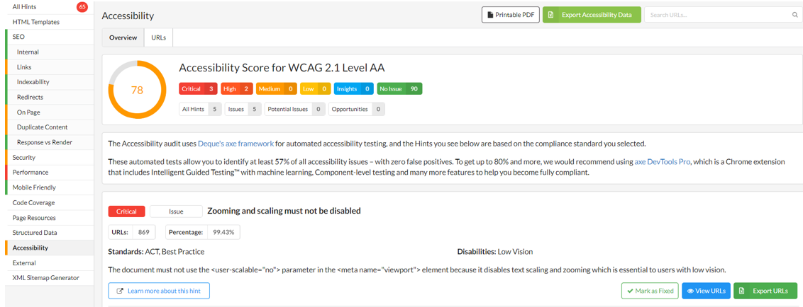 The image shows an Accessibility Score for a website, displayed within the Sitebulb tool. The score is 78, and it includes a breakdown of accessibility issues categorized by severity. There are critical and high-priority errors identified, along with additional suggestions for improvement.