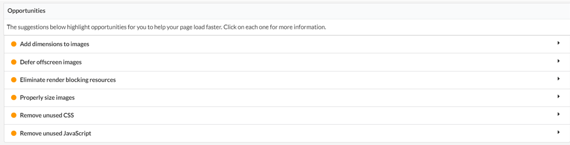 The image displays a list of performance optimization opportunities, including adding image dimensions, deferring offscreen images, eliminating render-blocking resources, properly sizing images, and removing unused CSS and JavaScript to improve page load speed.