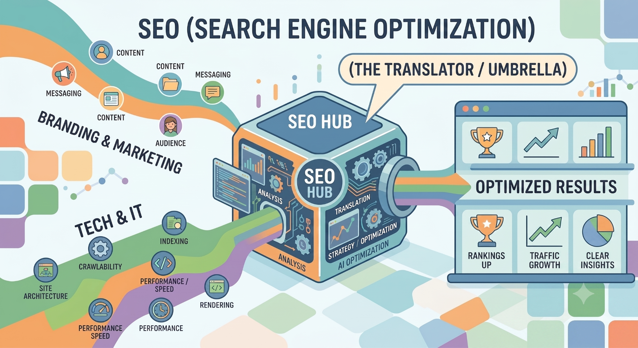 Diagram showing SEO as the translation layer between branding and engineering teams