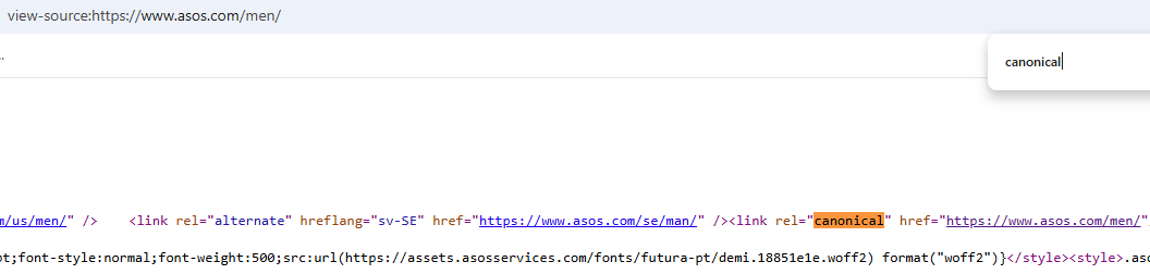 Canonical tag featured in the main html of the Men