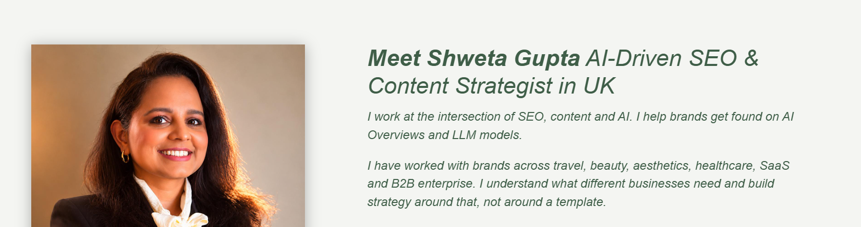 Homepage bio section of growwdigitaly.com headed "Meet Shweta Gupta, AI-Driven SEO & Content Strategist in UK", with introductory text about working across SEO, content and AI.